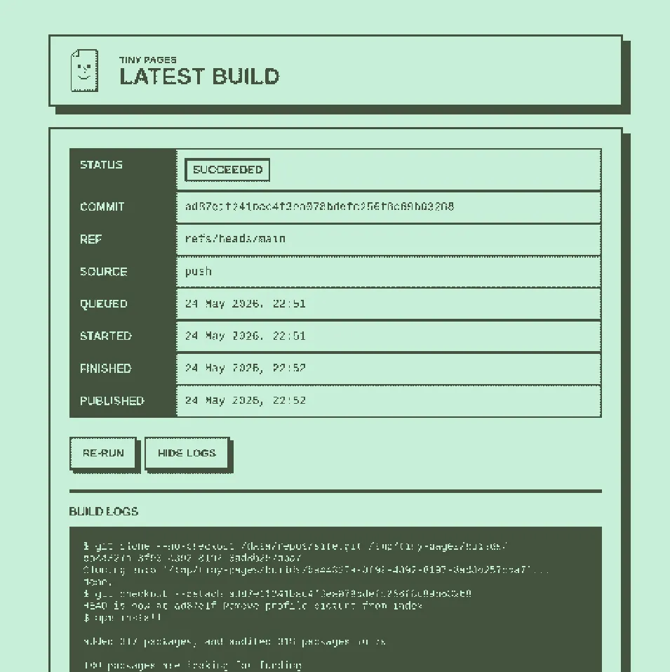 A screenshot of Tiny Pages latest build